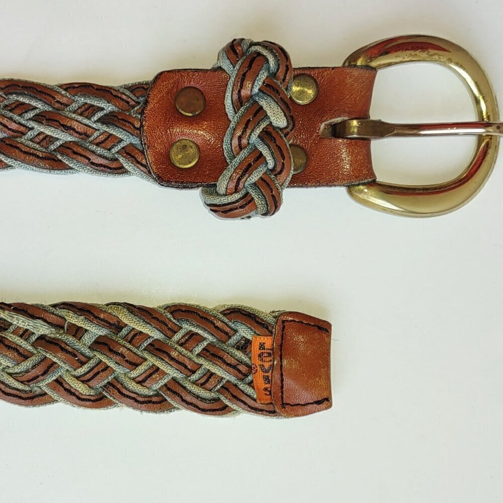 Vintage LEVI'S Hand Braided Leather & Denim Belt Orange Tab Brass Buckle Sz 32
